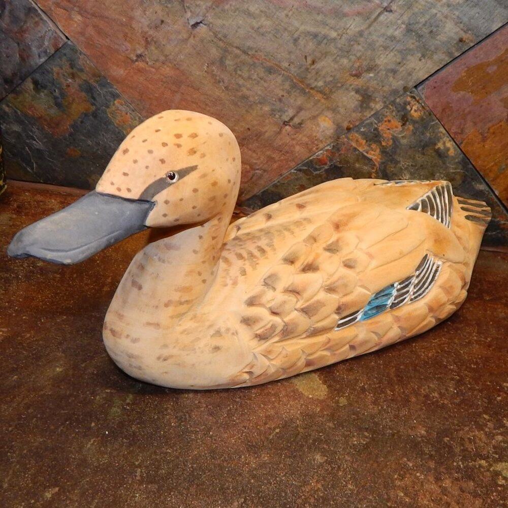 Beautiful Carved Burned & Painted Unmarked Wood Duck  Sculpture